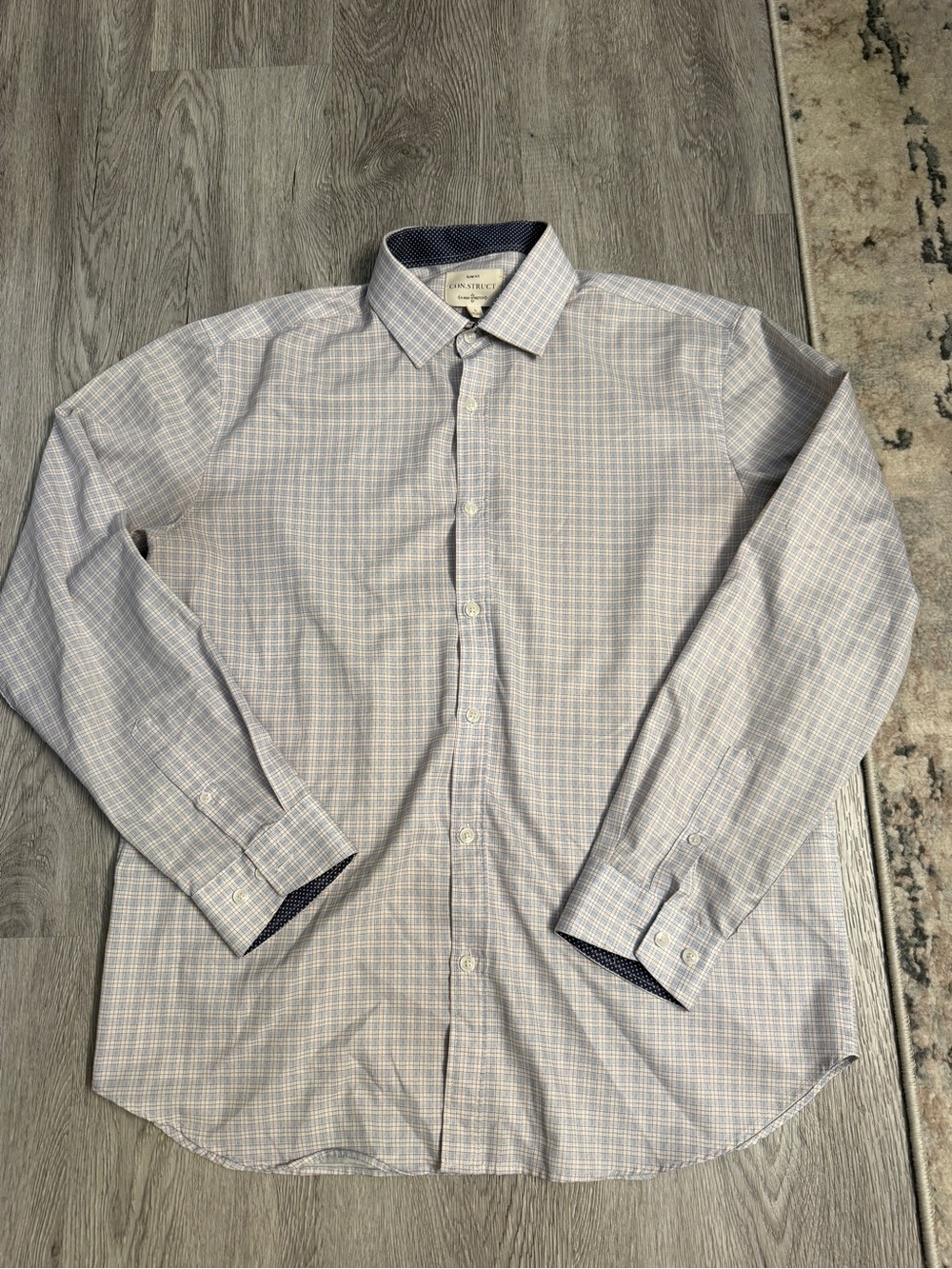Construct Shirt Large 16-16 1/2 Plaid 34-35 Blue/White Slim Fit 4-Way Stretch